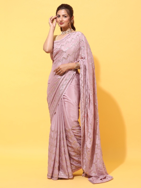 

kasee Lavender & Silver-Toned Floral Sequinned Pure Crepe Heavy Work Saree