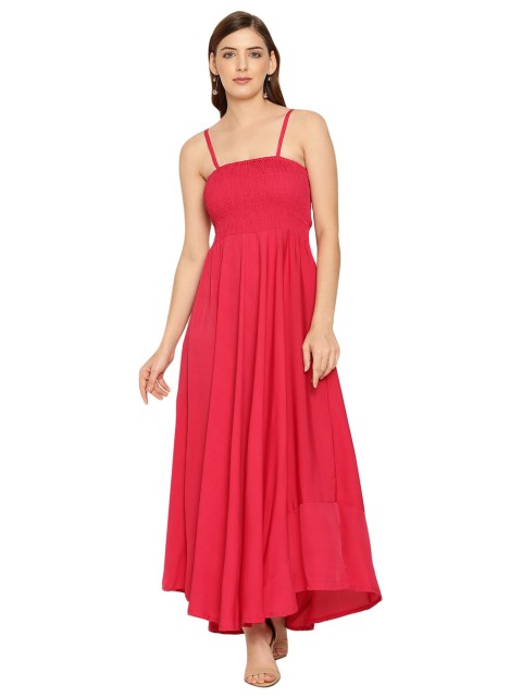 

Aawari Pink Solid Smocked A-Line Maxi Dress