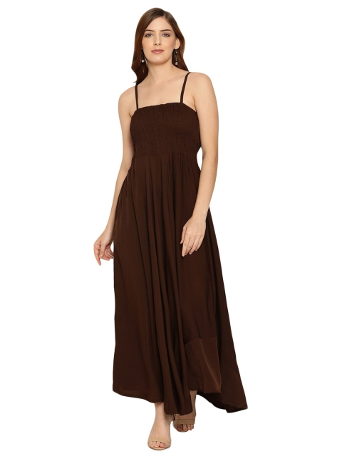 

Aawari Brown Solid Smocked A-Line Maxi Dress