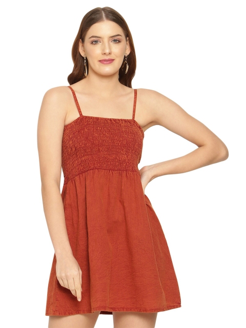 

Aawari Rust Denim Washed Mini Dress