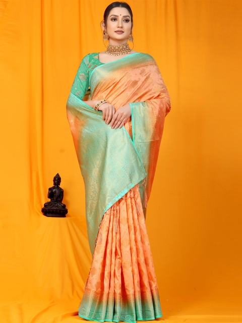 

Anaita Peach Coloured And Green Woven Design Zari Pure Silk Banarasi Saree