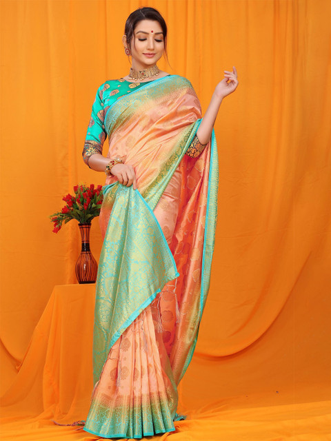 

Anaita Peach Coloured And Green Woven Design Zari Pure Silk Banarasi Saree