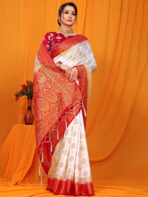 

Anaita White And Red Woven Design Zari Pure Silk Banarasi Saree
