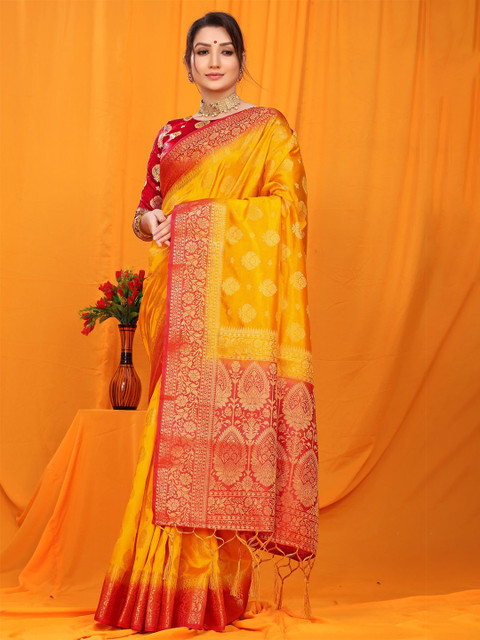 

Anaita Yellow & Red Ethnic Motifs Zari Pure Silk Banarasi Saree