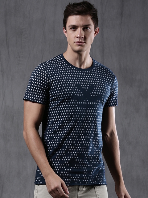 

WROGN Men Navy Blue Printed Round Neck T-shirt