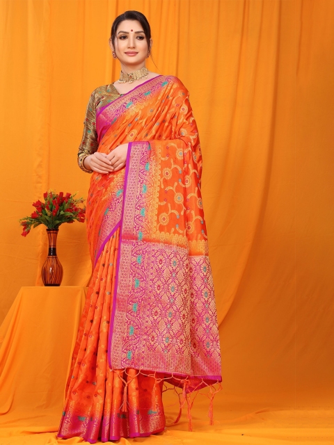 

Anaita Orange & Pink Ethnic Motifs Zari Pure Silk Banarasi Saree