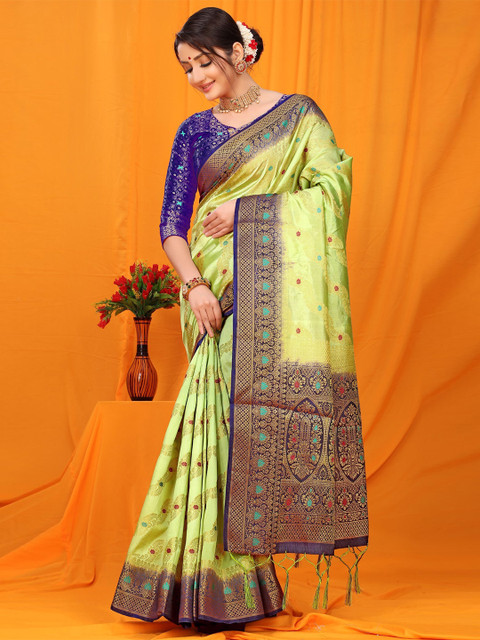 

Anaita Lime Green & Blue Ethnic Motifs Zari Pure Silk Banarasi Saree