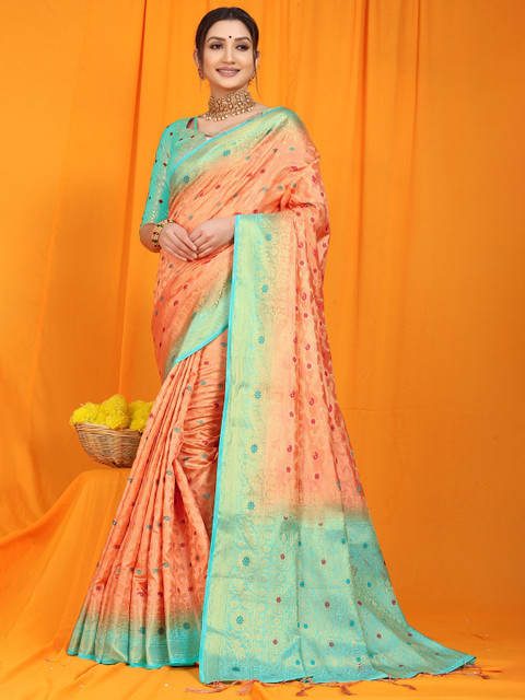 

Anaita Peach-Coloured & Green Floral Zari Pure Silk Banarasi Saree