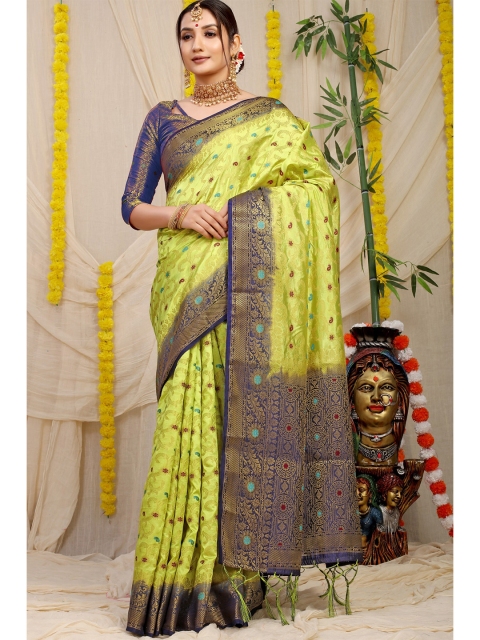 

Anaita Lime Green & Blue Ethnic Motifs Zari Pure Silk Banarasi Saree