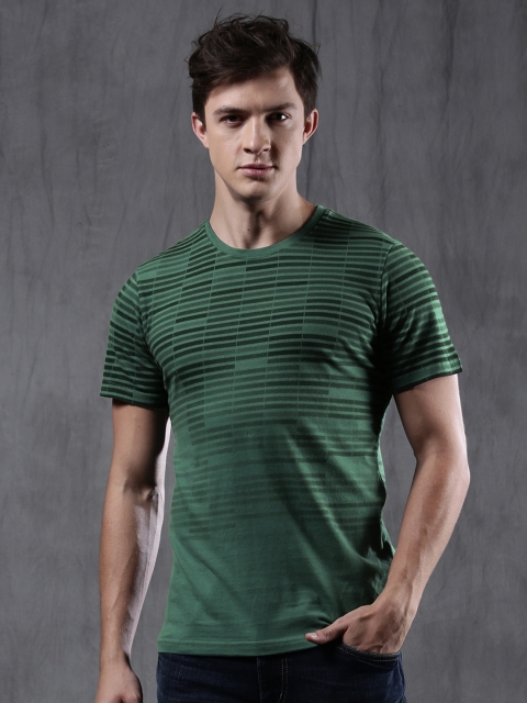 

WROGN Men Green & Black Striped Round Neck T-shirt