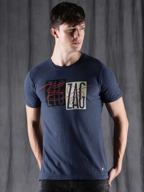 

WROGN Men Navy Blue Printed Round Neck T-shirt