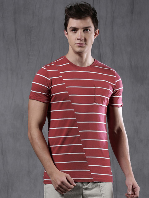 

WROGN Men Red Striped Round Neck Pure Cotton T-shirt