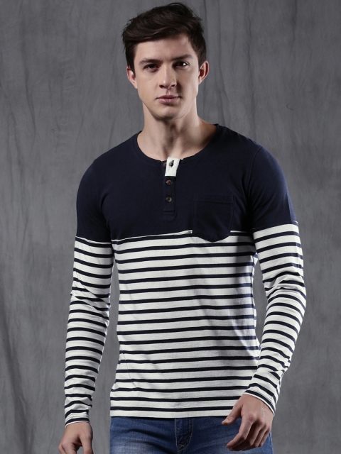 

WROGN Men Navy Blue Striped Henley Neck T-shirt