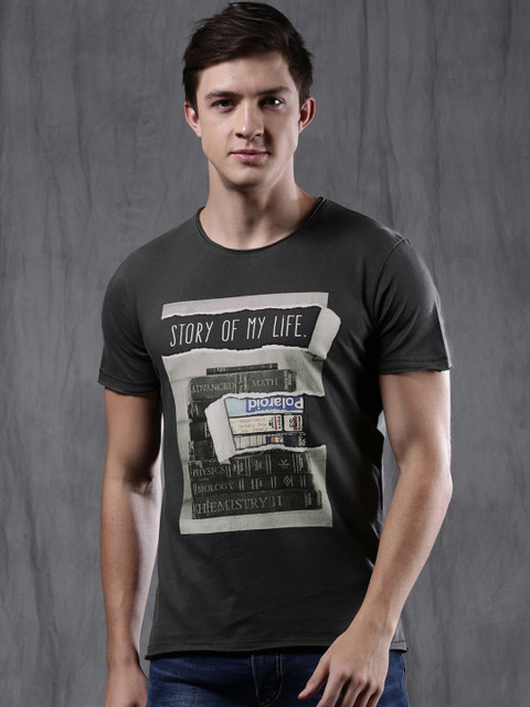 

WROGN Men Grey Printed Round Neck Pure Cotton T-shirt