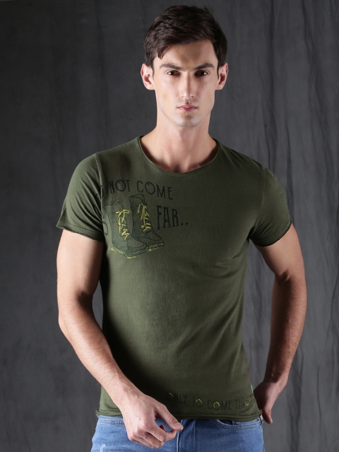 

WROGN Men Olive Green Printed Round Neck T-shirt