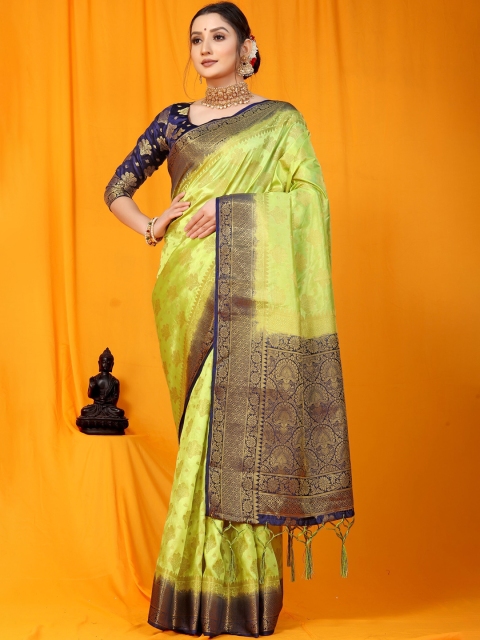 

Anaita Lime Green & Navy Blue Ethnic Motifs Zari Pure Silk Banarasi Saree