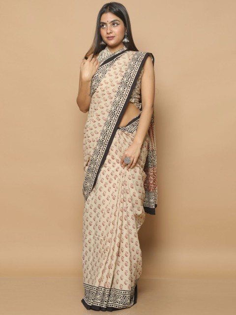

BUTA BUTI Beige & Black Ethnic Motifs Printed Pure Cotton Saree
