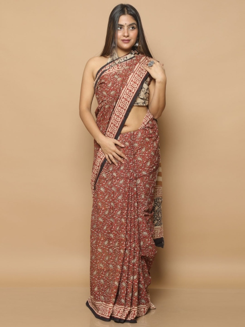 

BUTA BUTI Rust & White Paisley Pure Cotton Bagru Saree