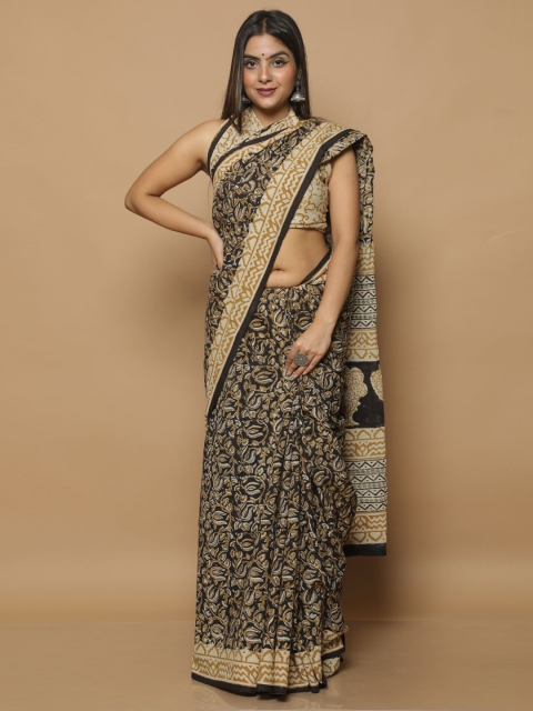 

BUTA BUTI Black & Cream-Coloured Floral Printed Pure Cotton Saree