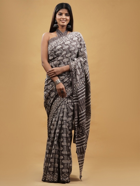 

BUTA BUTI Grey & White Ethnic Motifs Pure Cotton Dabu Saree
