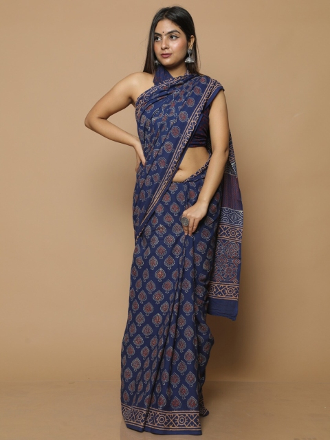 

BUTA BUTI Blue & Red Ethnic Motifs Pure Cotton Bagru Saree