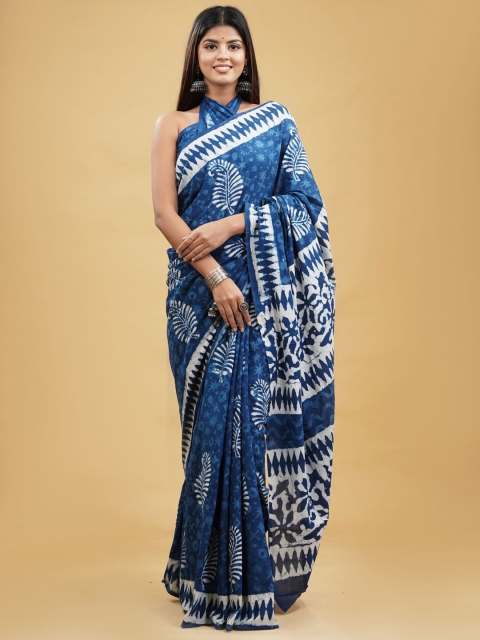 

BUTA BUTI Blue & Off White Ethnic Motifs Pure Cotton Dabu Saree