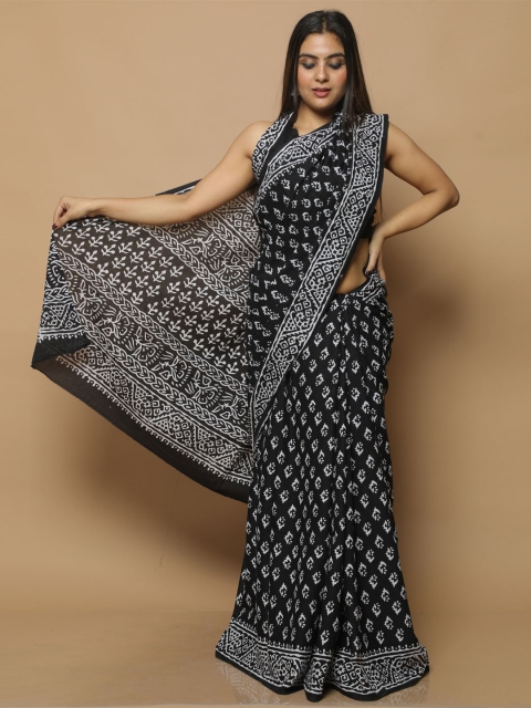 

BUTA BUTI Black & White Floral Pure Cotton Bagru Saree