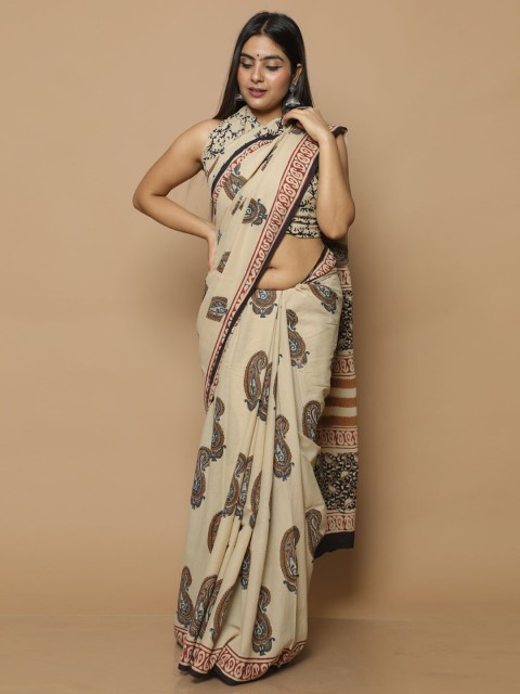

BUTA BUTI Beige & Brown Paisley Pure Cotton Block Print Saree