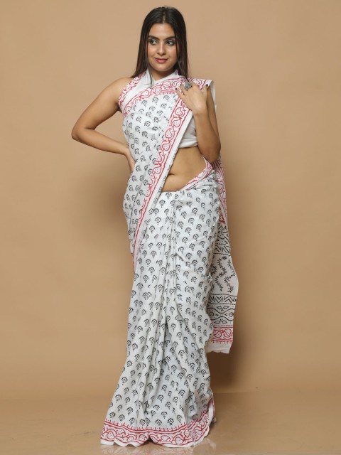 

BUTA BUTI White & Blue Ethnic Motifs Pure Cotton Bagru Saree