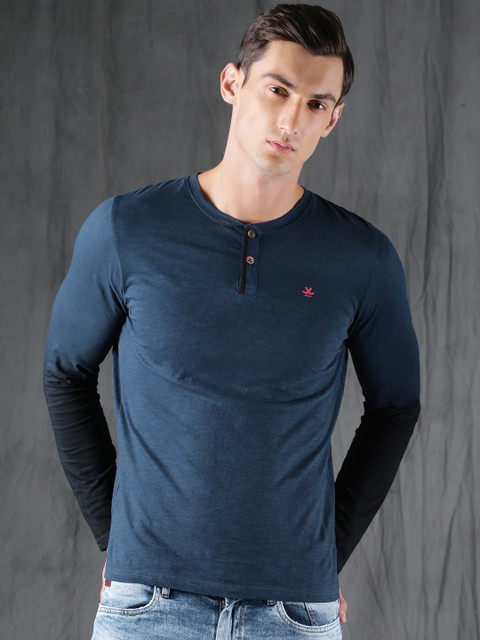 

WROGN Men Navy Solid Henley Neck T-shirt, Navy blue
