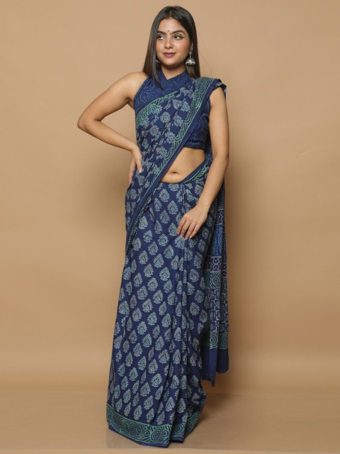 

BUTA BUTI Blue & Off White Ethnic Motifs Pure Cotton Bagru Saree