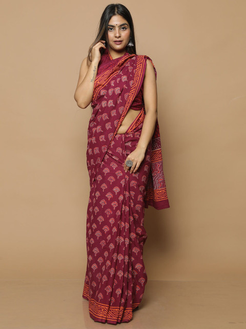 

BUTA BUTI Maroon & Off White Ethnic Motifs Pure Cotton Bagru Saree