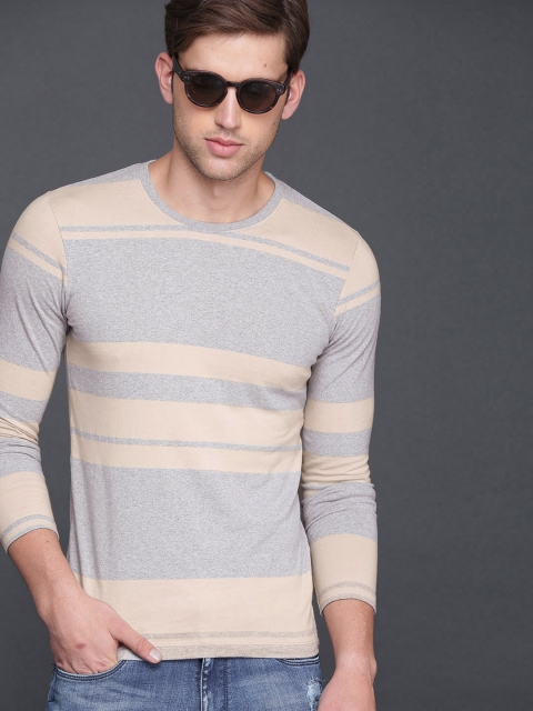 

WROGN Men Grey Melange Beige Striped Round Neck Pure Cotton T-shirt