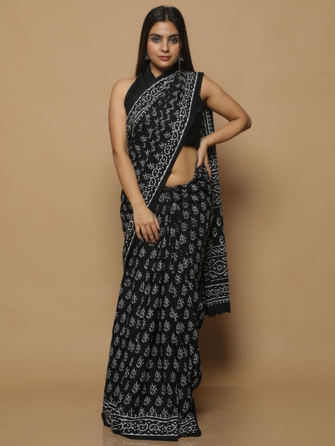 

BUTA BUTI Black & White Floral Pure Cotton Block Print Saree
