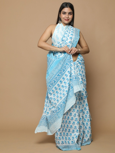 

BUTA BUTI Blue & White Floral Pure Cotton Bagru Saree