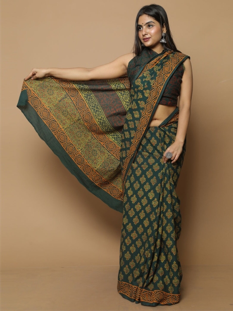

BUTA BUTI Green & Orange Ethnic Motifs Pure Cotton Bagru Saree