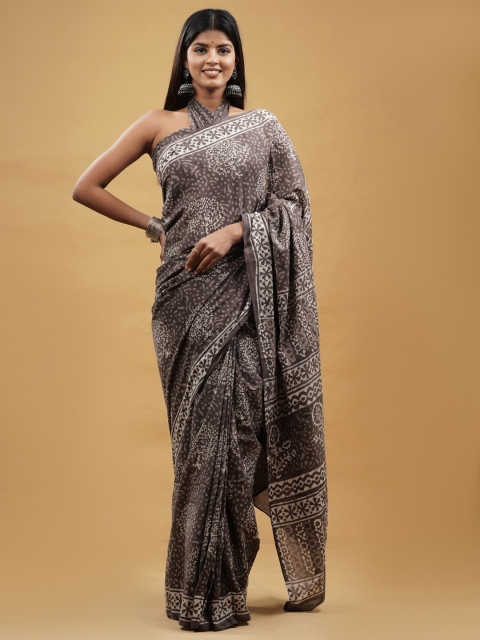 

BUTA BUTI Brown & White Pure Cotton Dabu Saree