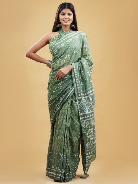 

BUTA BUTI Green & White Floral Pure Cotton Dabu Saree