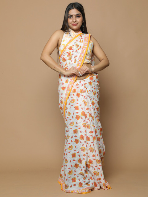 

BUTA BUTI White & Orange Floral Pure Cotton Bagru Saree