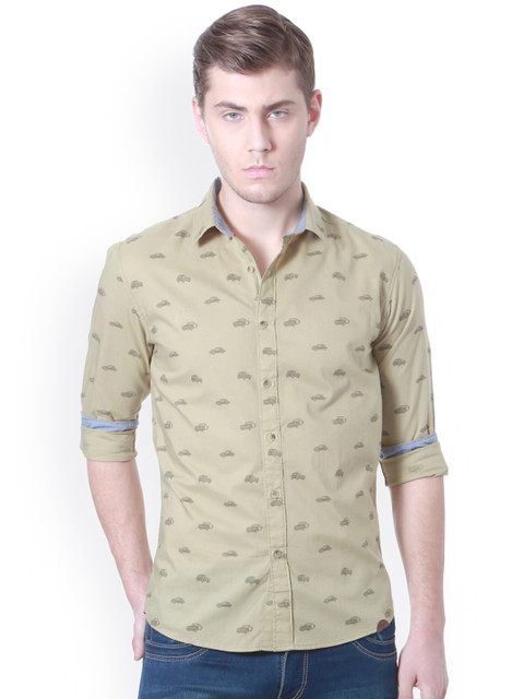 

People Men Olive Green Slim Fit Printed Casual Shirt