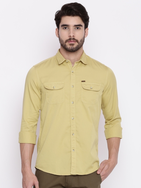 People Men Khaki Slim Fit Solid Casual Shirt