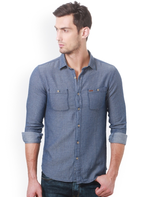 

People Men Blue Slim Fit Self-Design Casual Shirt