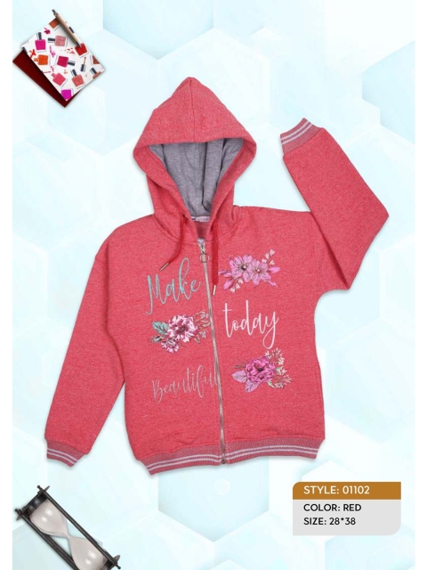 

Ziama Girls Red Printed Hooded Fleece Sweatshirt
