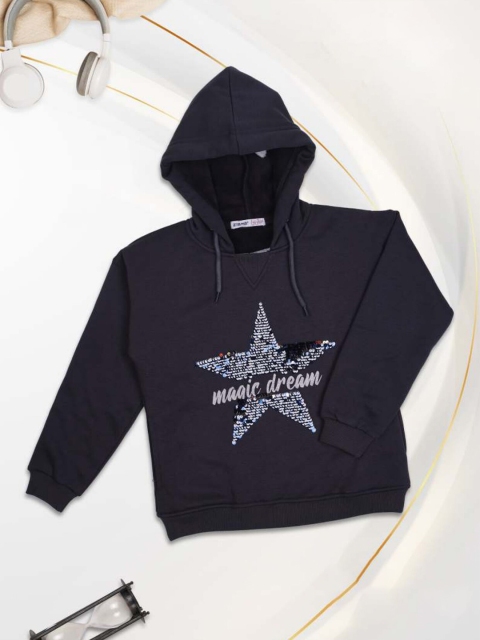 

Ziama Girls Navy Blue Printed Hooded Sweatshirt