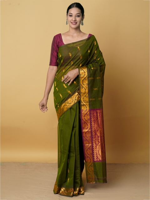 

Unnati Silks Green & Pink Woven Design Zari Pure Cotton Gadwal Saree