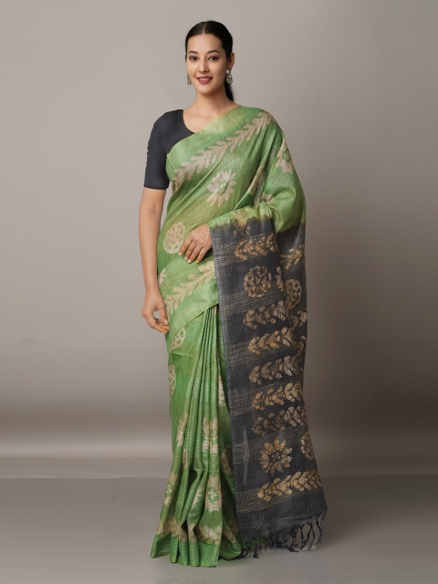 

Unnati Silks Green & Black Batik Silk Cotton Bhagalpuri Saree