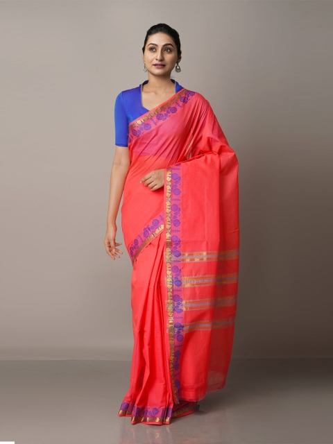 

Unnati Silks Pink & Purple Zari Pure Cotton Venkatgiri Saree