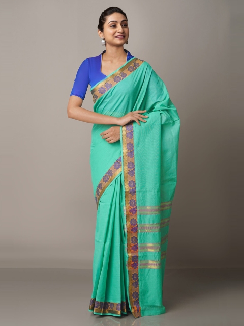 

Unnati Silks Green & Gold-Toned Zari Pure Cotton Venkatgiri Saree