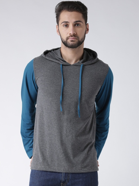 

Kalt Men Grey Melange & Teal Blue Cotton Hooded Colourblocked T-shirt