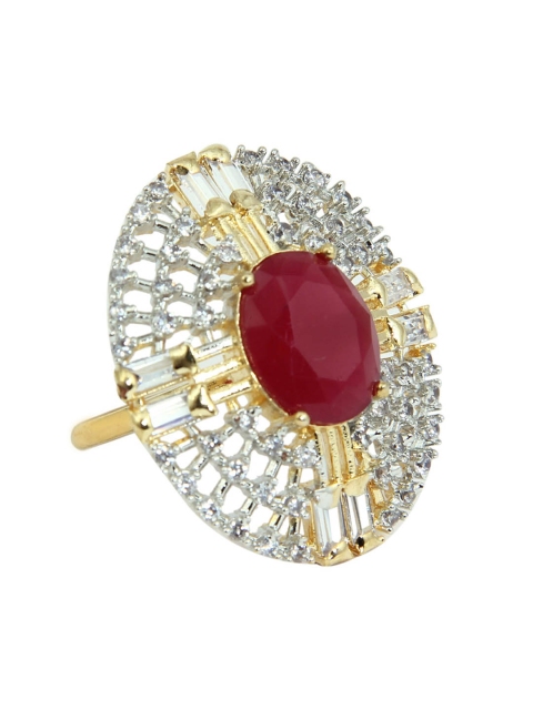 

FEMMIBELLA Gold-Plated Red & White AD-Studded Fine Intrique Adjustable Finger Ring
